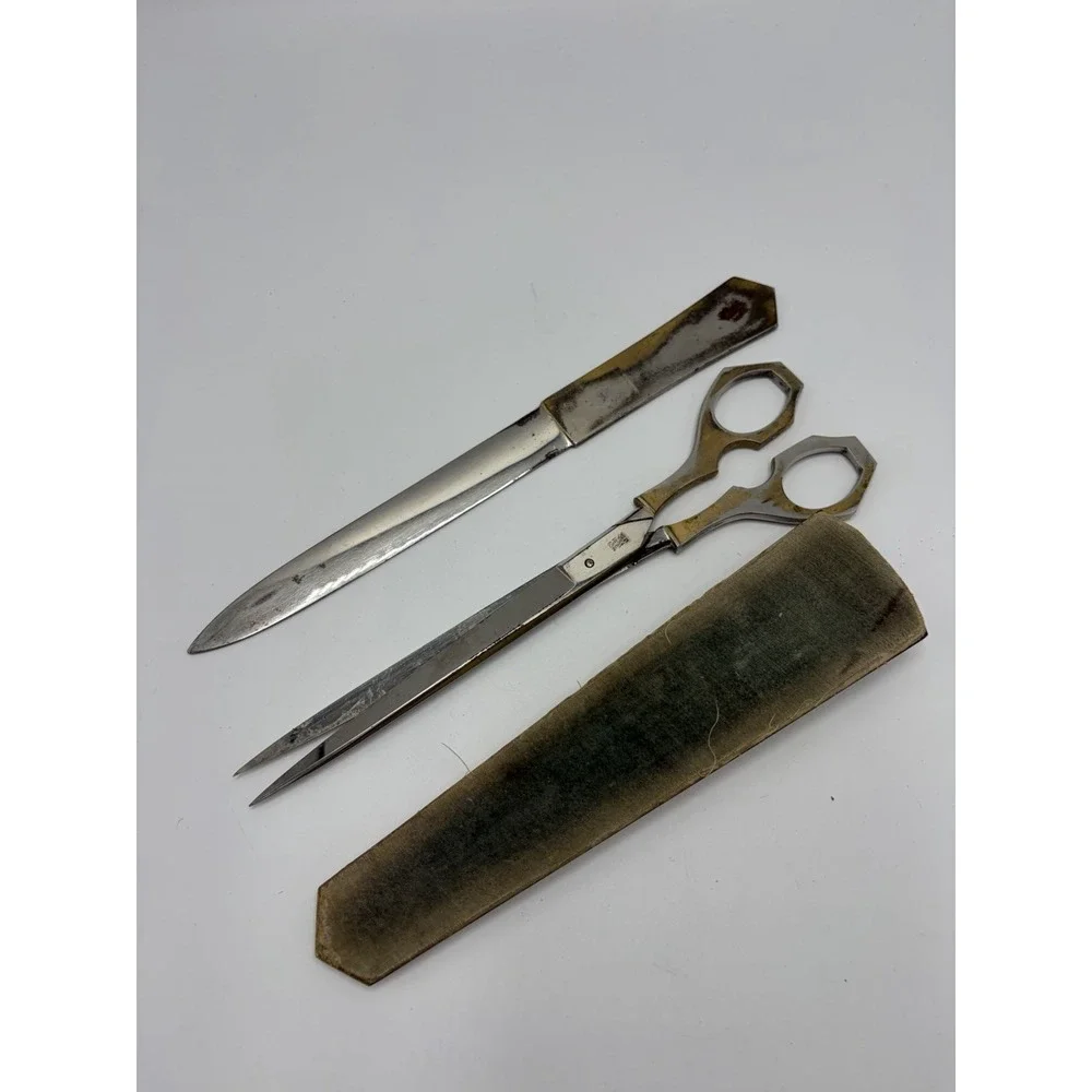 Vintage Griffon Germany Metal Scissors Letter Opener Desk Set Engraved Victorian